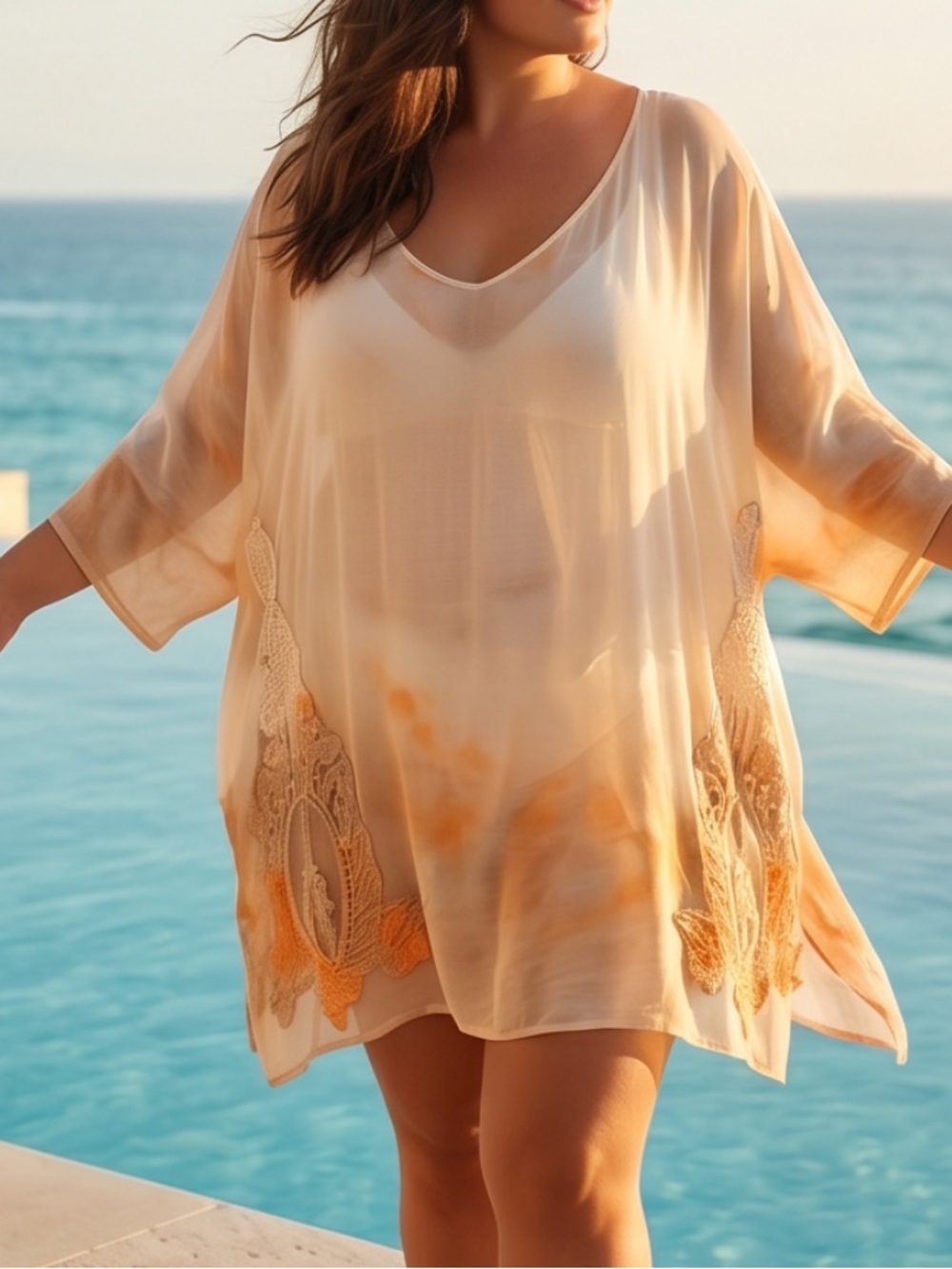 Made in Italy Elegant Sheer Cream Tunic Top with Subtle Peach Ombre
